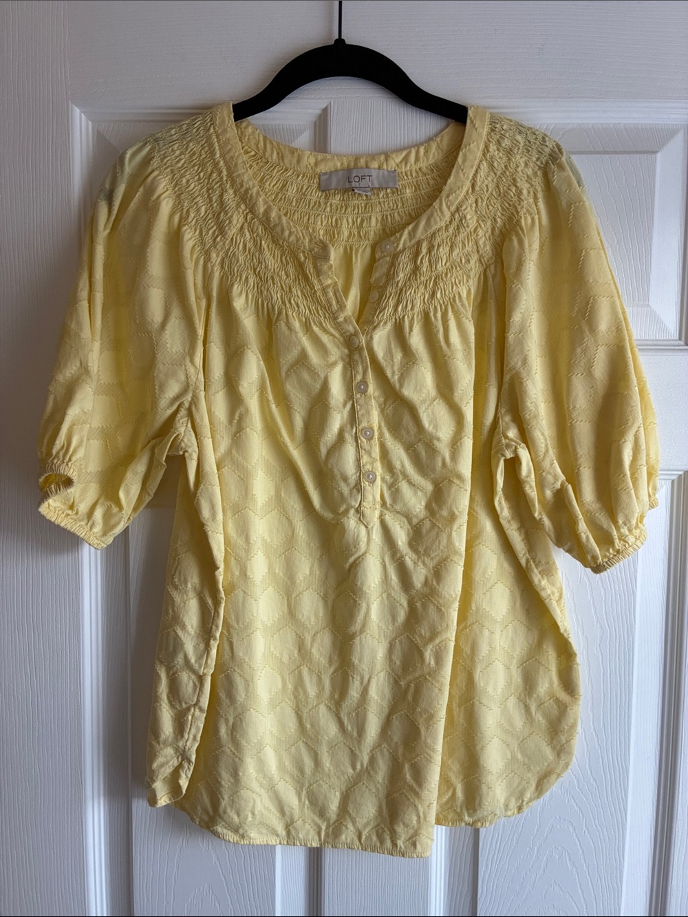 LOFT Pale Yellow Smocked Scoop-Neck Button Front Blouse